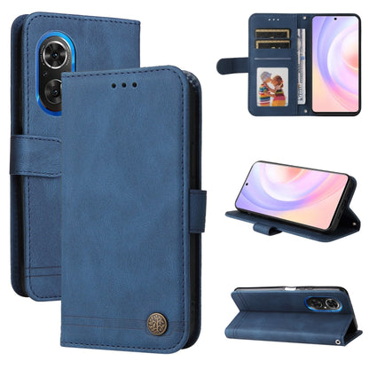 Blue leather folio phone case with metal button, front cover and card pocket slots.