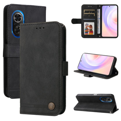 Black leather folio phone case with metal button, front cover and card pocket slots.