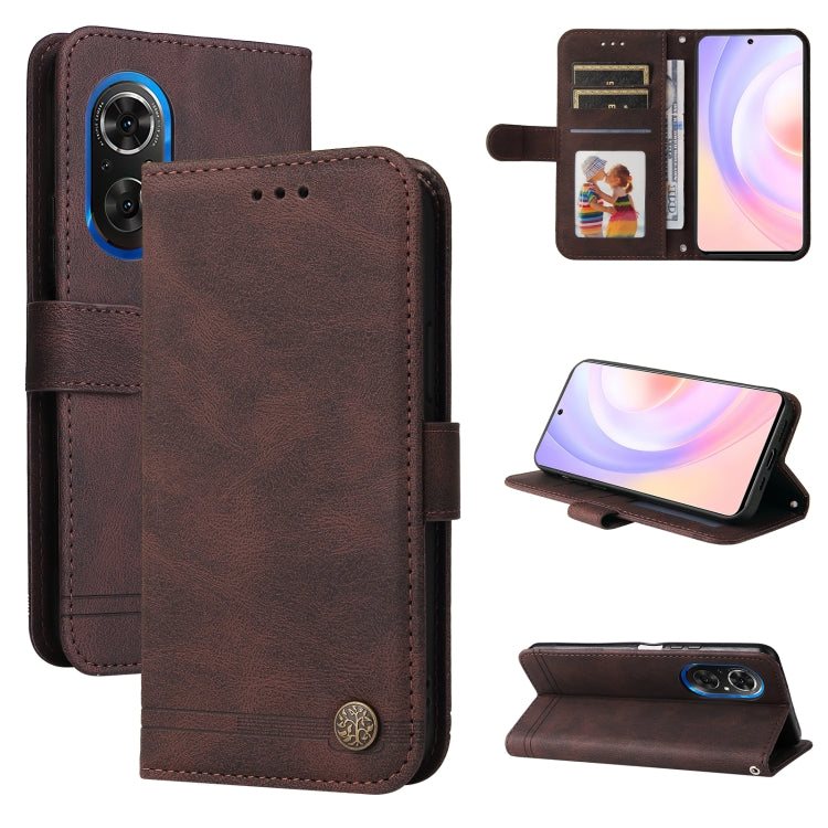Brown leather folio phone case with metal button, front cover and card pocket slots.
