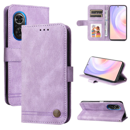 Purple leather folio phone case with metal button, front cover and card pocket slots.