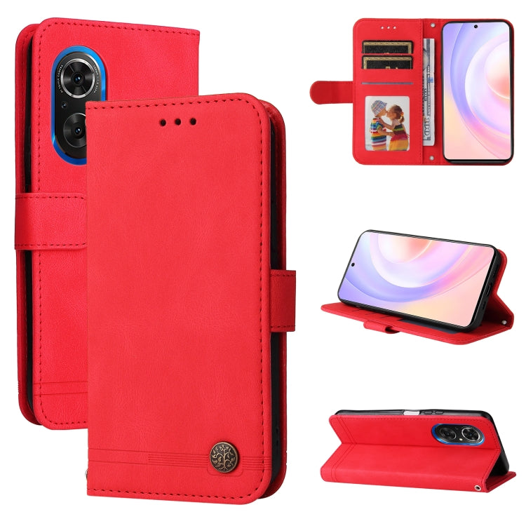 Red leather folio phone case with metal button, front cover and card pocket slots.
