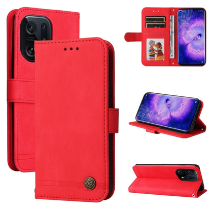 Red leather wallet phone case with card slots, stand, and metal button closure.
