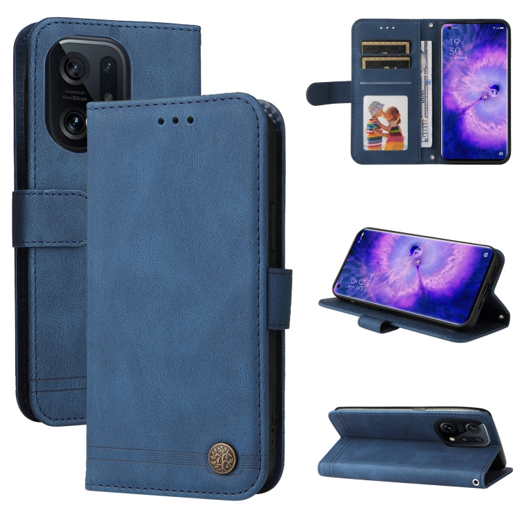 Blue leather wallet phone case with card slots, stand, and metal button closure.