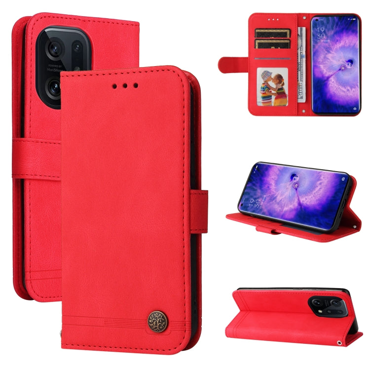 Red leather wallet phone case with card slots, stand, and metal button closure.