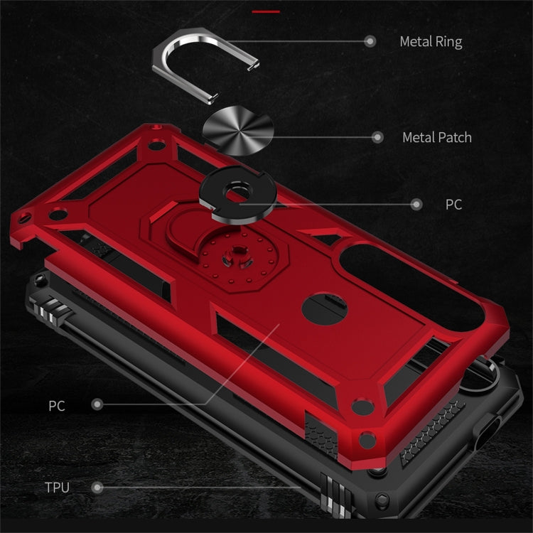 Red armored phone case with metal ring and PC back plate detail