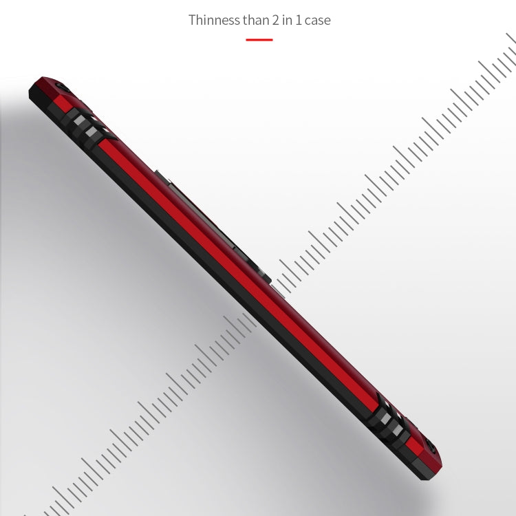 Red and black phone case side profile, slim protective armor design