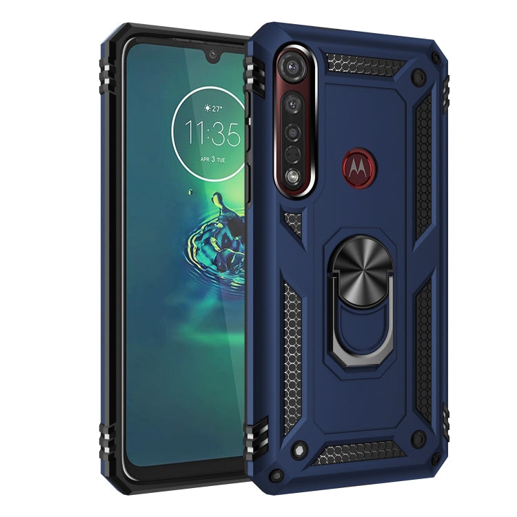 Blue shockproof phone case with armored corners and raised camera protection