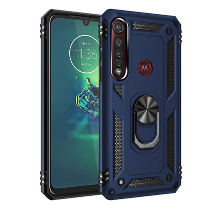 Blue shockproof phone case with armored corners and raised camera protection