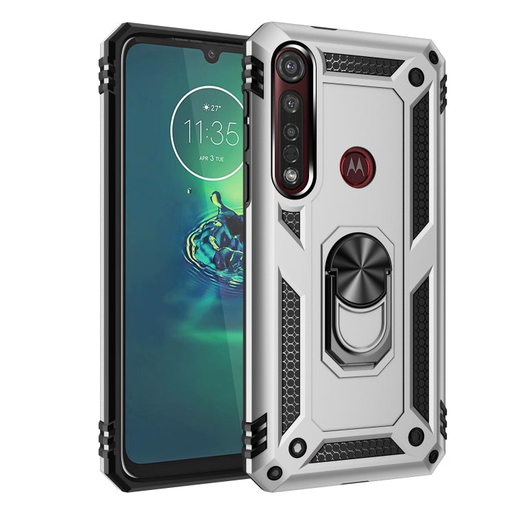 Rugged shockproof phone case with 360° rotating ring holder, black for Moto G8 Plus
