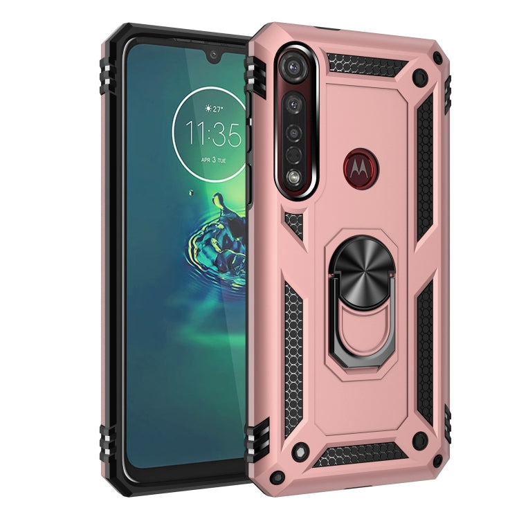 Rugged shockproof phone case with 360° rotating ring holder, rose-pink for Moto G8 Plus