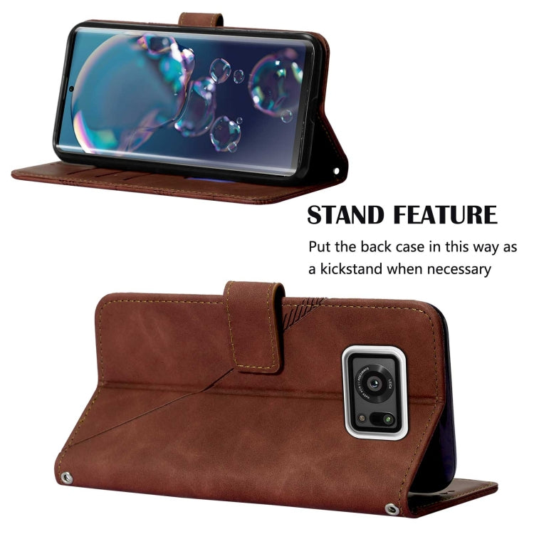 Brown leather flip phone case with flip stand support, phone cover closed and open.