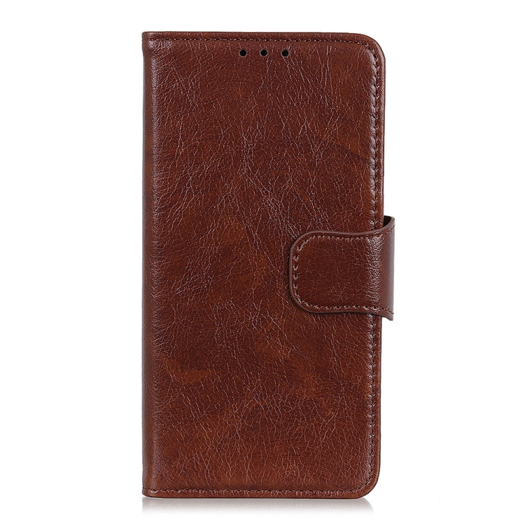 Brown nappa leather phone wallet case with flip cover and stitched side tab, front view.