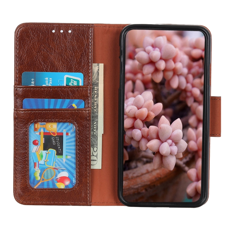 Brown nappa leather phone wallet case open view with card slots and inner sleeves.