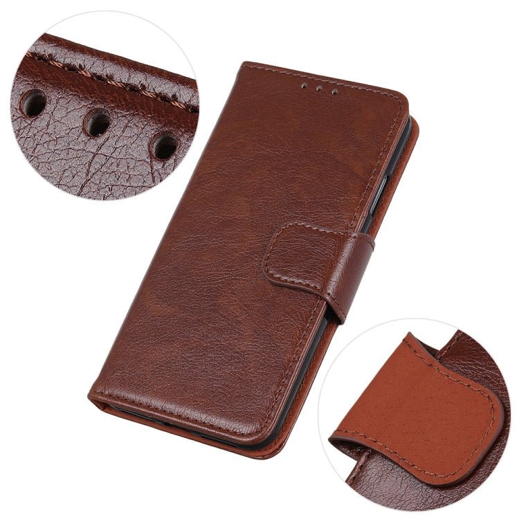 Brown nappa leather phone wallet case with flip cover, close-up stitching and strap tab details.