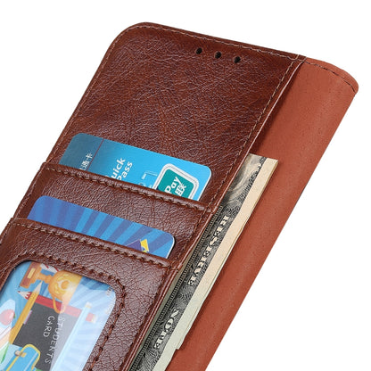 Brown nappa leather phone wallet case open with card slot and cash/ID pocket details.