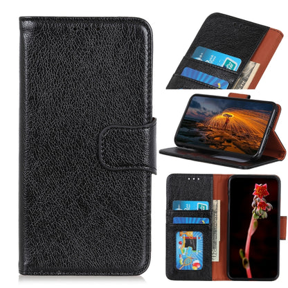Black nappa leather phone case with flip cover, card slots, and stand view