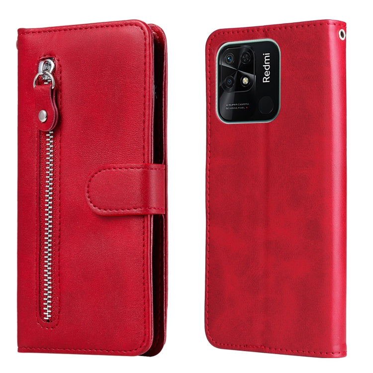 Red folio leather phone case with flip cover and vertical zipper, metal clasp