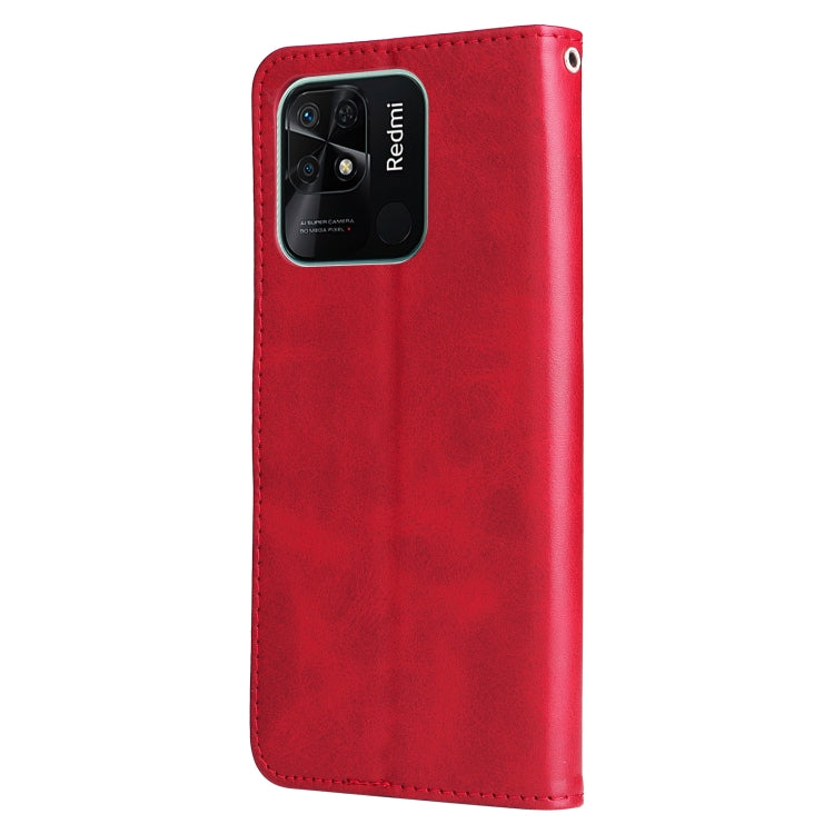 Red textured leather flip phone case with camera cutout and metal eyelet