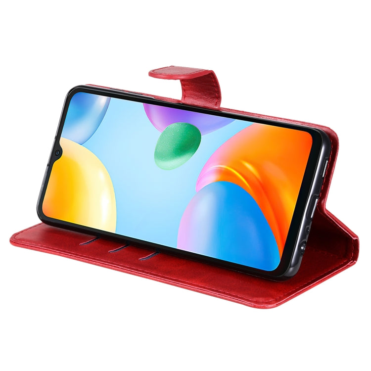 Red leather flip phone case in stand position with front camera cutout
