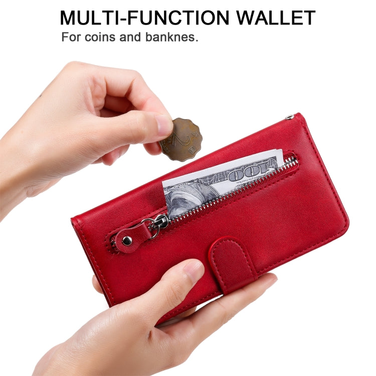 Red multifunction wallet-style phone case with zip pocket and card/ID slots