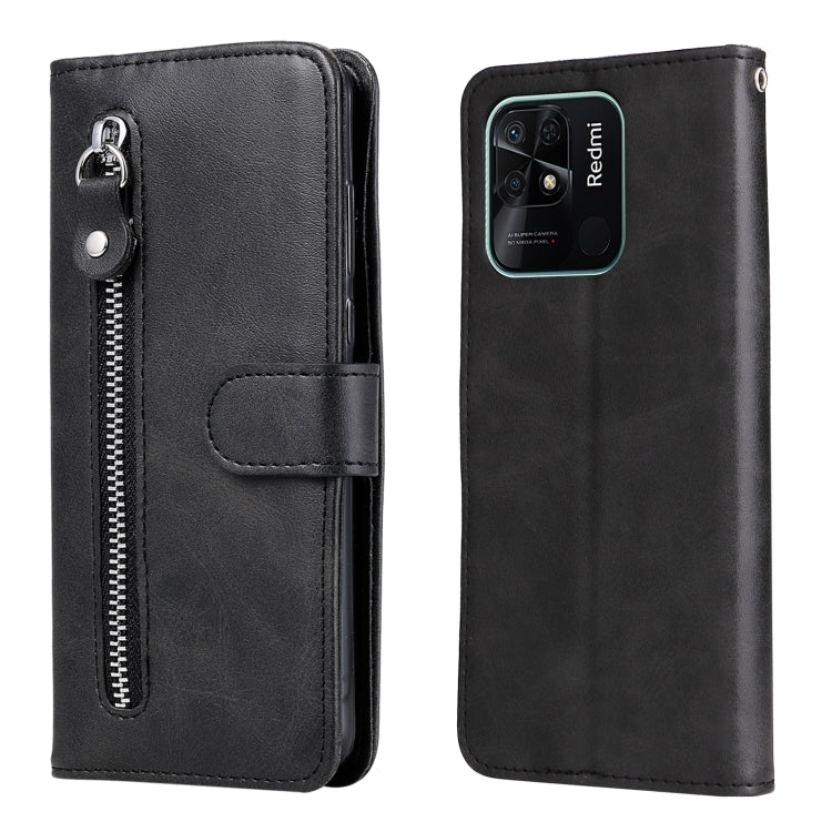 Black folio leather phone case with vertical zipper and flip cover strap closure