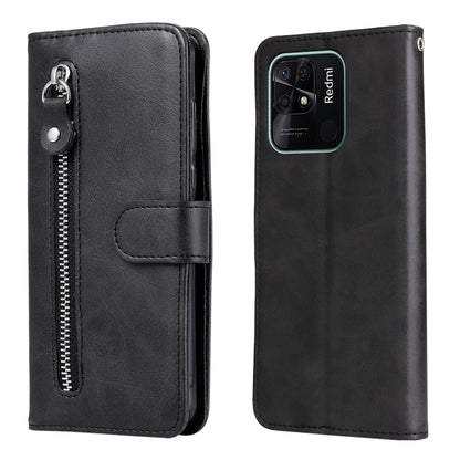 Black folio leather phone case with vertical zipper and flip cover strap closure