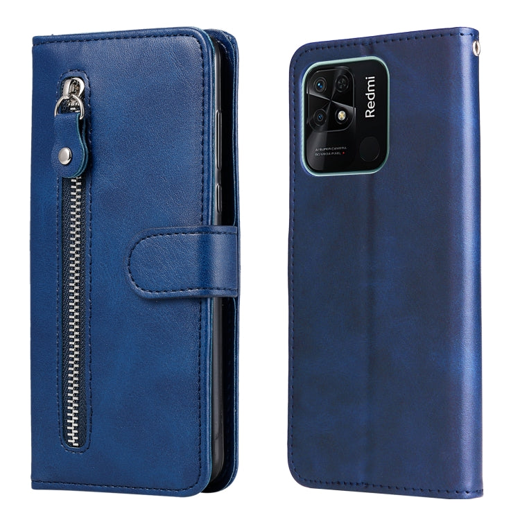 Blue folio leather phone case with flip cover and vertical zipper, metal clasp