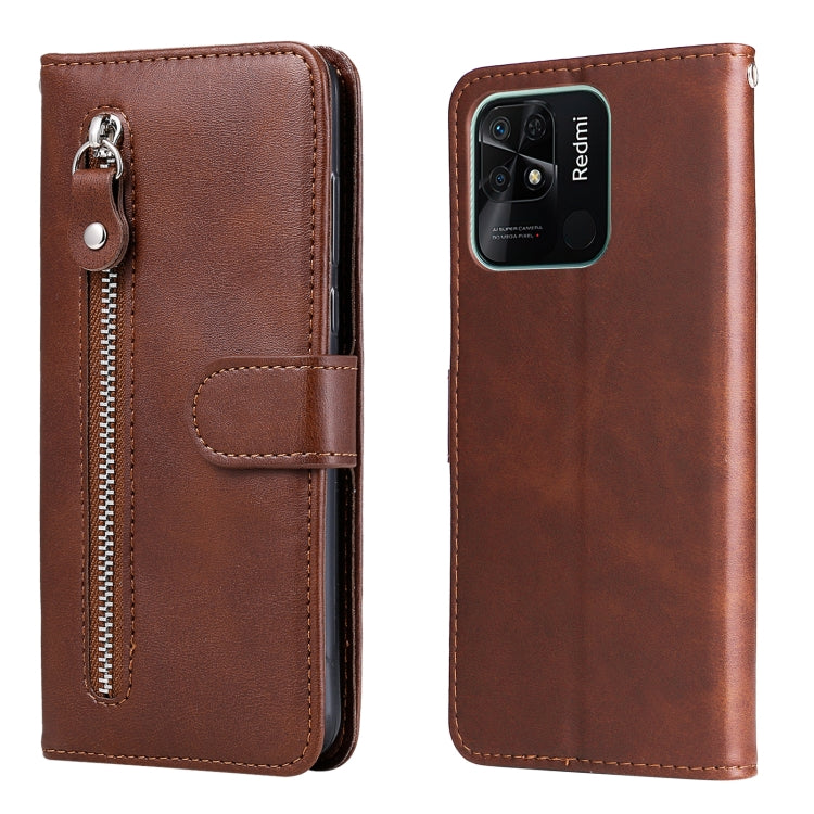 Brown leather flip phone case with horizontal zipper and card slot, full phone coverage