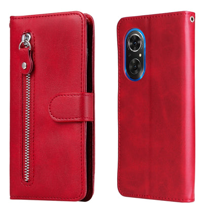Red leather flip phone case with horizontal zipper and card slot, full phone coverage