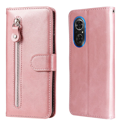 Rose pink leather flip phone case with horizontal zipper and card slot, full coverage