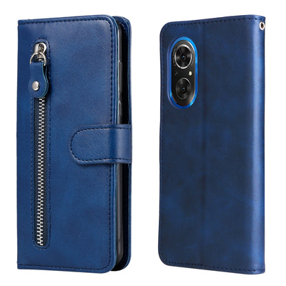 Blue leather flip phone case with horizontal zipper and card slot, full phone coverage