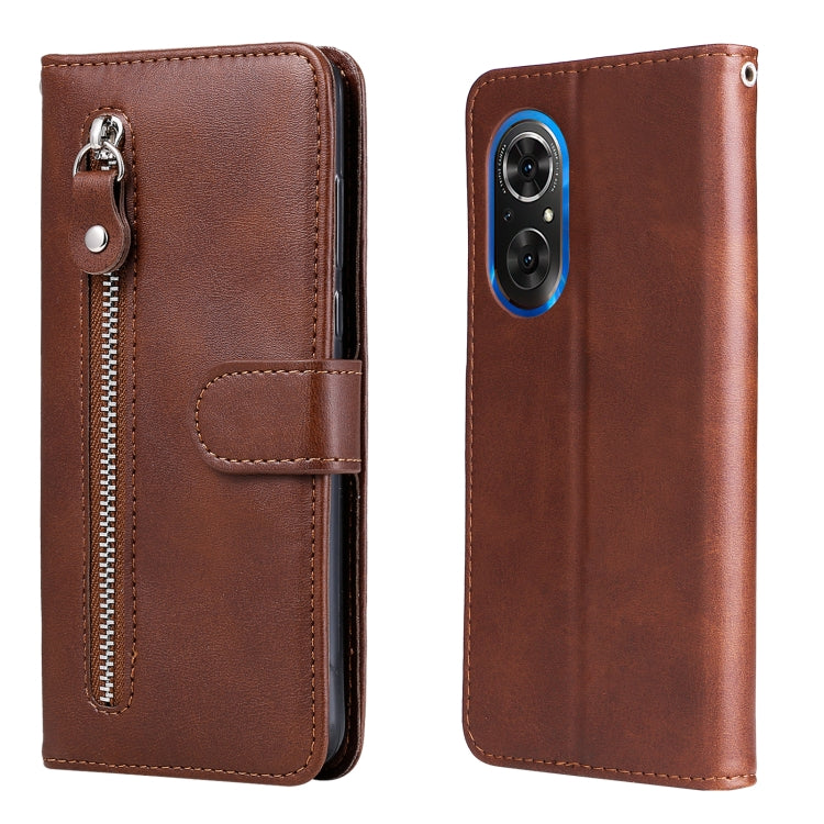 Brown leather flip phone case with camera cutout and horizontal zipper, card slot front