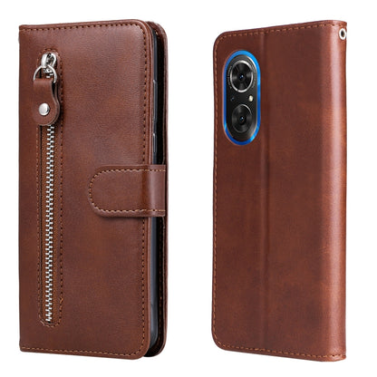 Brown leather flip phone case with camera cutout and horizontal zipper, card slot front