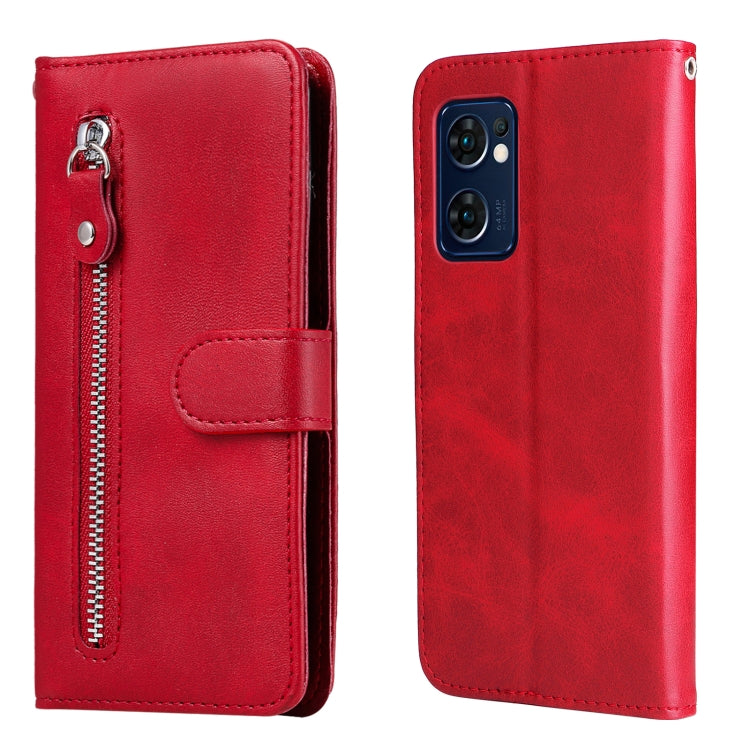 Red leather flip phone case with camera cutout and horizontal zipper, card slot front