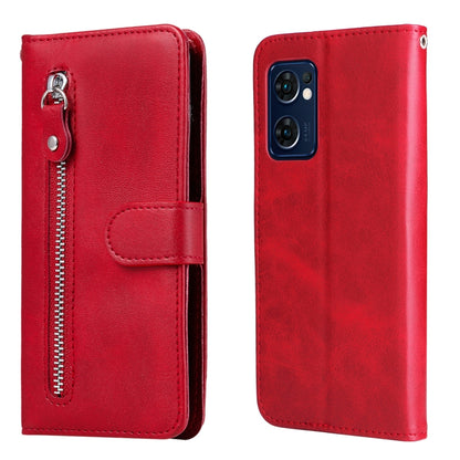 Red leather flip phone case with camera cutout and horizontal zipper, card slot front