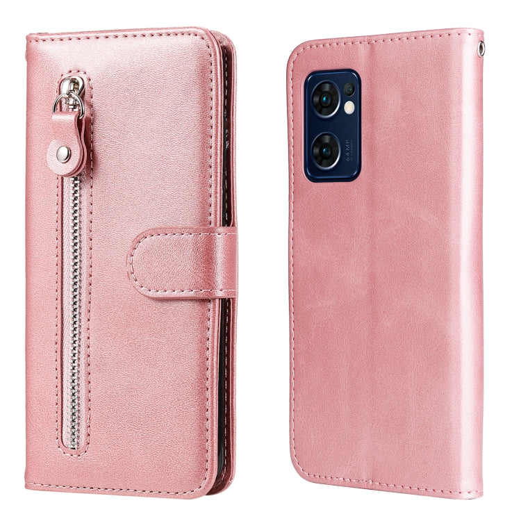 Rose pink leather flip phone case with camera cutout and horizontal zipper, card slot front