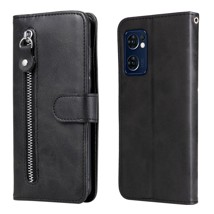 Black leather flip phone case with camera cutout and horizontal zipper, card slot front