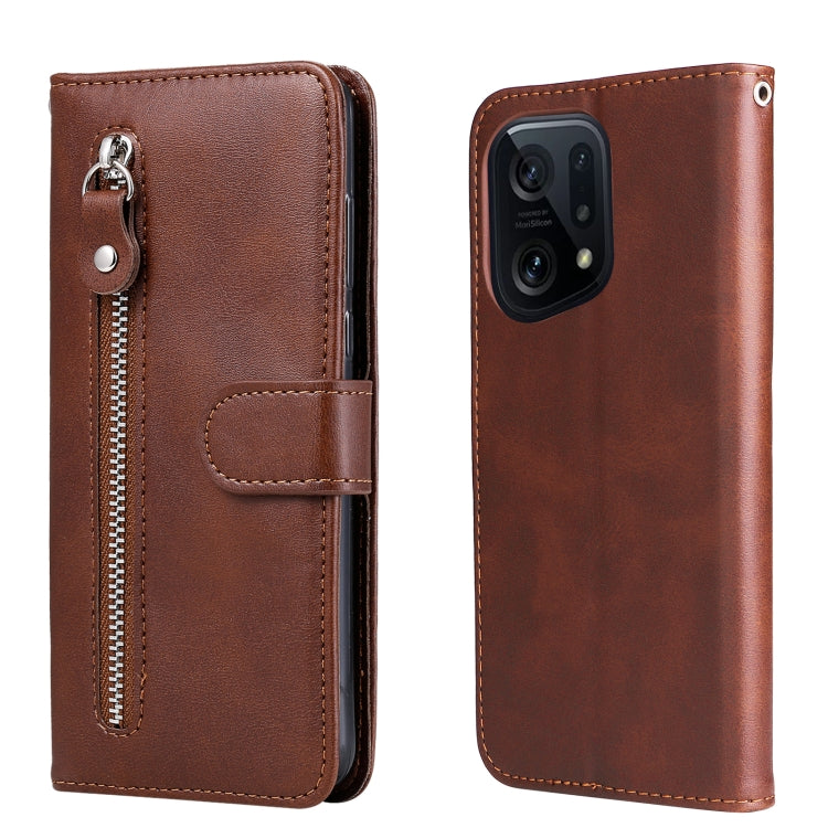 Brown textured leather flip phone case with zipper and card pocket