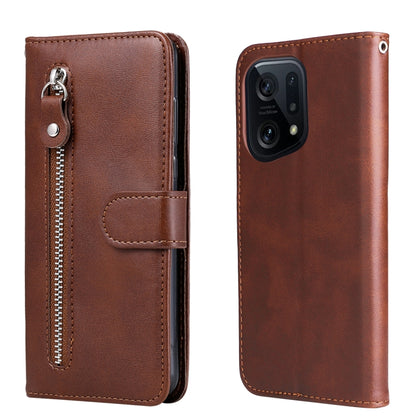 Brown textured leather flip phone case with zipper and card pocket