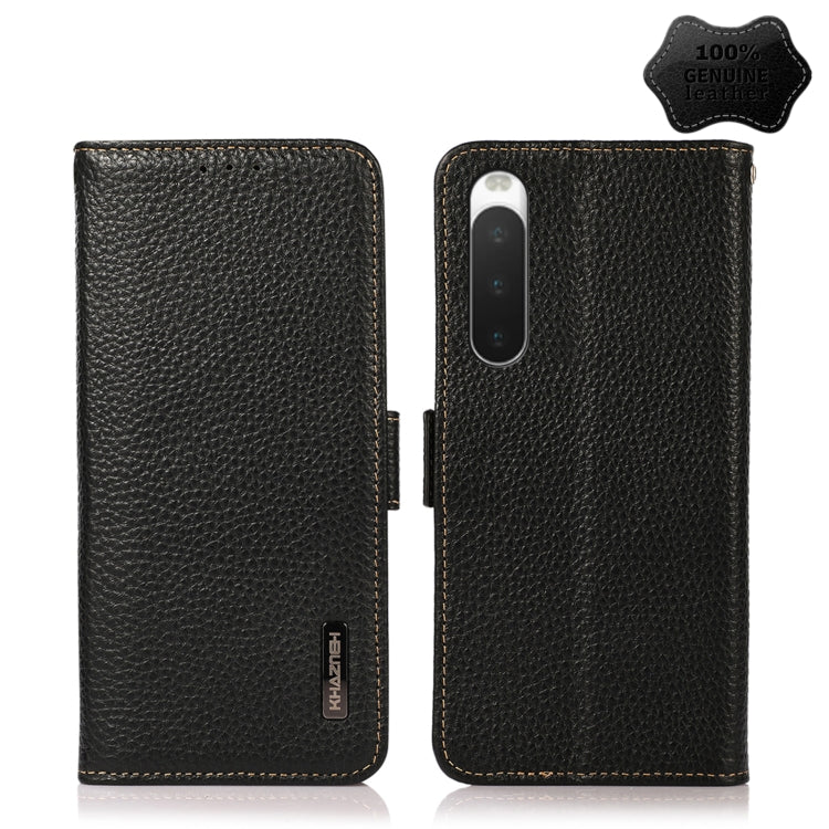 Black genuine leather flip phone case with side magnetic closure and RFID protection