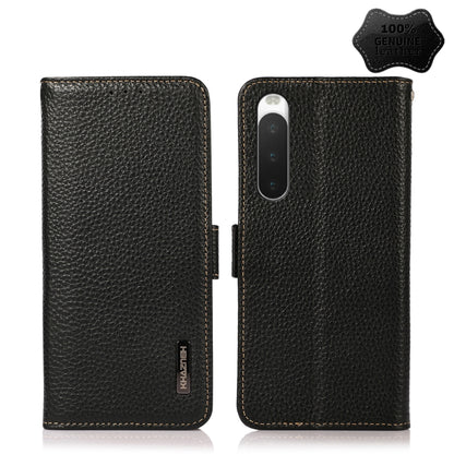 Black genuine leather flip phone case with side magnetic closure and RFID protection