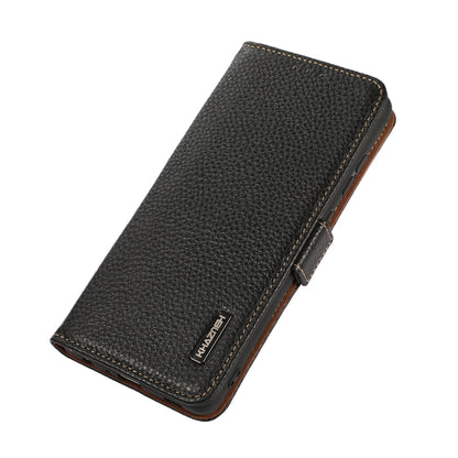 Black genuine leather folio phone case with tan interior and side magnetic closure