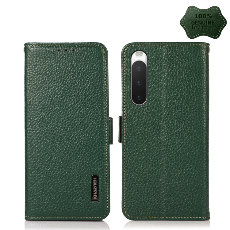 Green litchi leather RFID phone wallet case, side magnetic closure, camera cutout