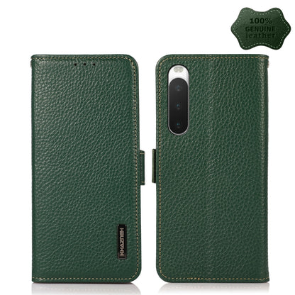 Green litchi leather RFID phone wallet case, side magnetic closure, camera cutout