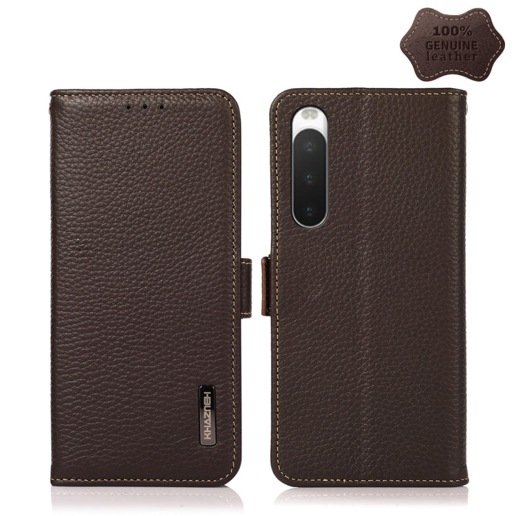 Brown litchi genuine leather RFID phone wallet case, side magnetic closure, camera cutout