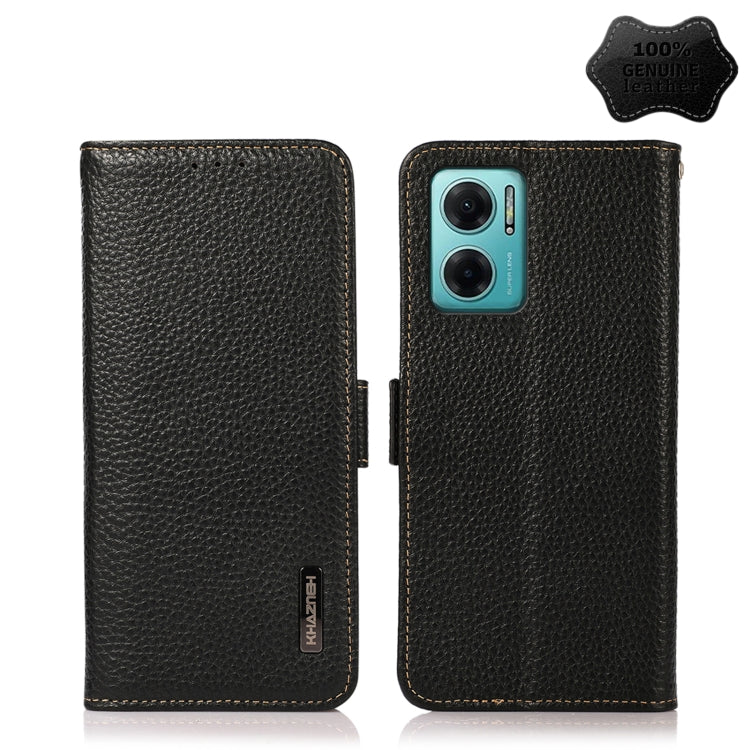 Black genuine leather flip phone case with dual camera cutout and magnetic closure
