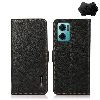 Black genuine leather flip phone case with dual camera cutout and magnetic closure