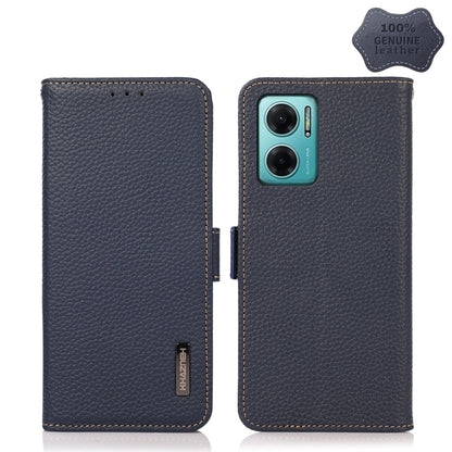 Blue genuine leather flip phone case with dual camera cutout and side magnetic closure