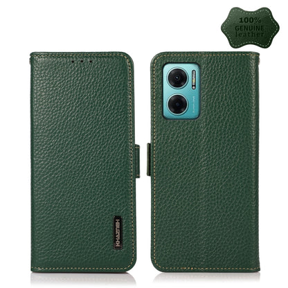 Green litchi leather RFID phone wallet case, side magnetic closure, dual-camera cutout