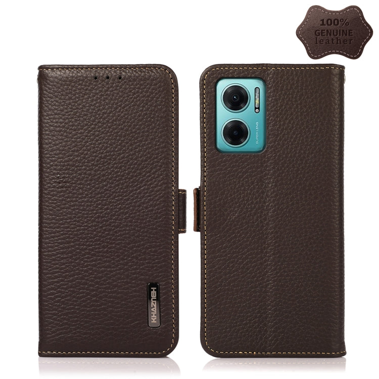 Brown litchi genuine leather RFID phone wallet case, side magnetic closure, dual-camera cutout